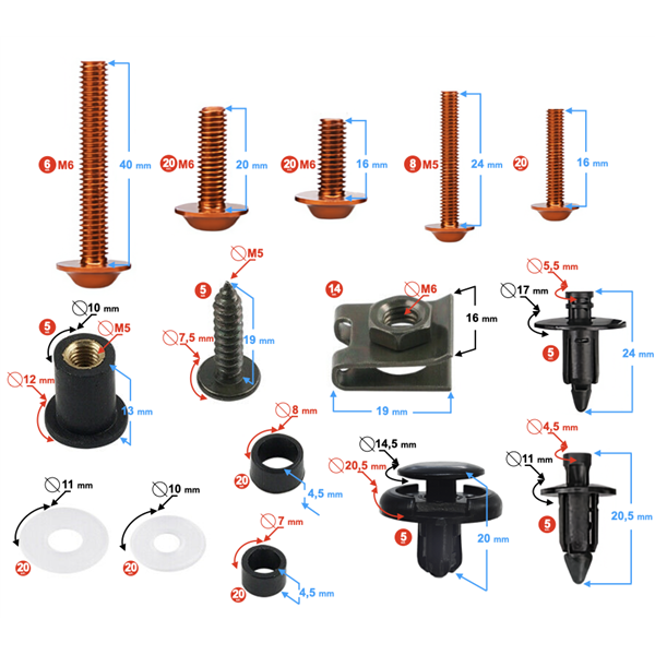 Śruby Owiewek Uniwersalne Aluminiowe Pomarańczowe