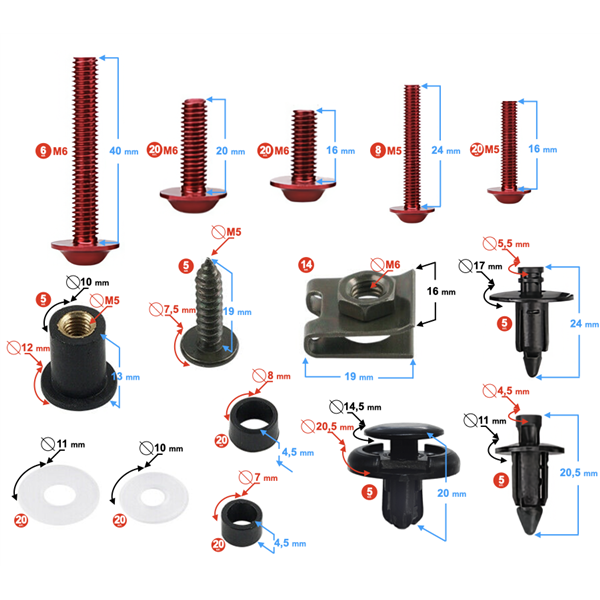 Śruby Owiewek Uniwersalne Aluminiowe Czerwone