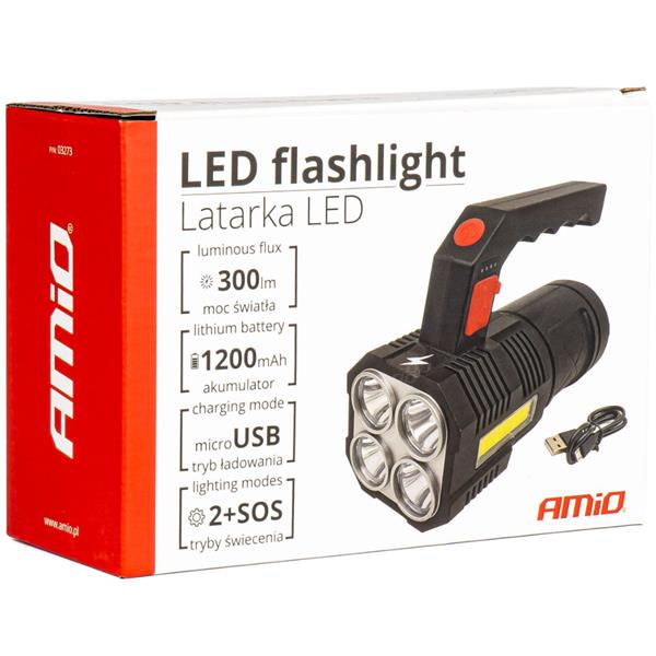 Latarka Akumulatorowa 4Led + Cob 1200Mah Amio-0327